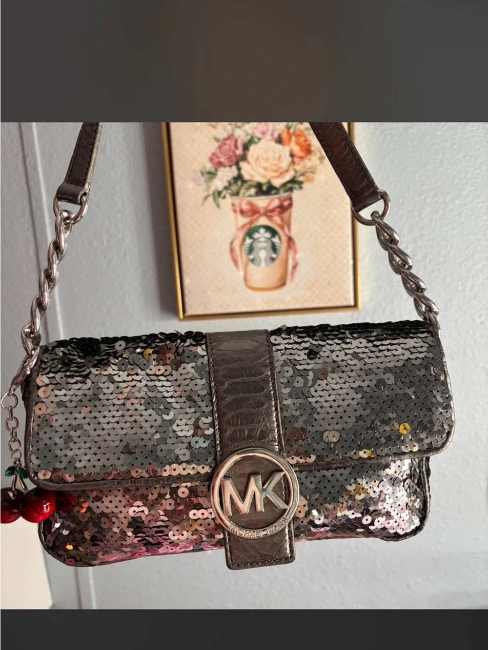 Michael Kors Silver Sequin Mini Shoulder Bag with MK Logo